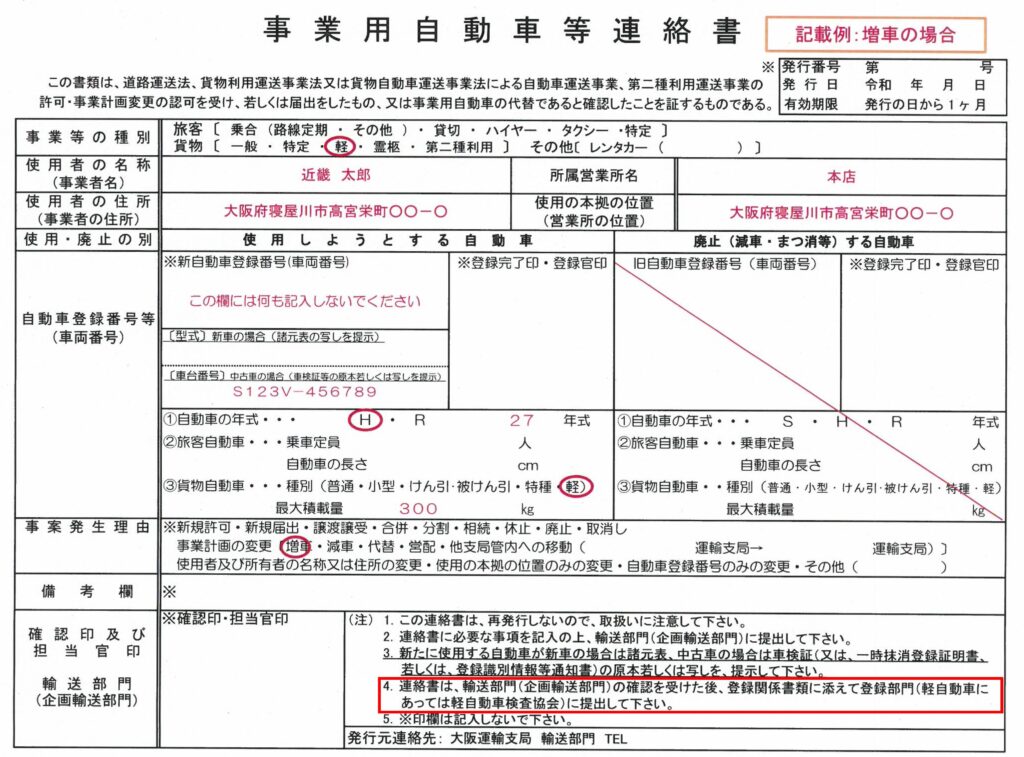 軽貨物の増車手続きの際の事業用自動車等連絡書の記載例（大阪運輸支局）